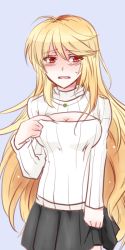Rule 34 | 1girl, blonde hair, blush, breasts, cleavage, cleavage cutout, clothing cutout, grey background, jewelry, long hair, meme attire, milla (fractured), necklace, open-chest sweater, open mouth, red eyes, simple background, skirt, solo, standing, sweater, tales of (series), tales of xillia, tales of xillia 2