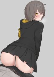 1boy 1girl absurdres armband ass belt black_hoodie black_panties black_pants black_skirt blush commentary_request crossed_bangs from_behind girls&#039;_frontline girls&#039;_frontline_2:_exilium grey_background grey_hair grin grinding hair_between_eyes heavy_breathing highres hood hoodie leva_(girls&#039;_frontline_2) panties pants pleated_skirt re1kirisaki342 ringed_eyes shirt short_hair simple_background skirt smile solo_focus thong ump45_(girls&#039;_frontline) underwear white_shirt yellow_armband yellow_eyes