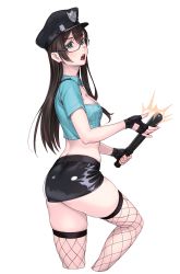 Rule 34 | 1girl, alternate costume, ass, back, baton (weapon), black hair, black skirt, blush, breasts, cleavage cutout, clothing cutout, from side, glasses, green eyes, hairband, hat, highres, kantai collection, long hair, looking at viewer, ooyodo (kancolle), open mouth, pencil skirt, police, police hat, police uniform, policewoman, semi-rimless eyewear, shiny clothes, short sleeves, simple background, skindentation, skirt, small breasts, solo, thighs, under-rim eyewear, uniform, weapon, yuuji (and)