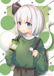 Rule 34 | 1girl, absurdres, adapted costume, backpack, bag, belt, belt buckle, black ribbon, blush, bob cut, bubble tea, buckle, closed mouth, contemporary, cup, disposable cup, fingernails, frills, green nails, green sweater, hair ribbon, highres, holding, holding cup, konpaku youmu, konpaku youmu (ghost), long fingernails, long sleeves, multicolored background, nail polish, plaid, puffy long sleeves, puffy sleeves, ribbon, short hair, sleeves past wrists, smile, solo, star (symbol), suguharu86, sweater, touhou, upper body, white hair