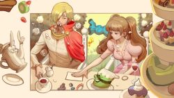 Rule 34 | 1boy, 1girl, blonde hair, blue eyes, breasts, brown hair, cake, candy, cape, chair, charlotte pudding, closed mouth, commentary request, cup, cupcake, curly eyebrows, dress, drinking glass, facial hair, flower, food, fruit, goatee, highres, holding, holding cup, lips, long hair, long sleeves, official alternate costume, one piece, pink dress, plate, red cape, rita ya, sanji (one piece), short hair, sitting, smile, strawberry, table, teacup, teapot, twintails