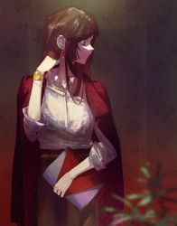 Rule 34 | 1girl, brown hair, cape, collared shirt, earrings, eyelashes, highres, jewelry, looking to the side, original, shirt, sleeves rolled up, solo, wata (attaka towel), watch, wristwatch