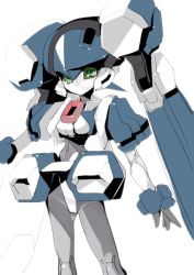 Rule 34 | 1girl, arm at side, blazermate, green eyes, highres, long hair, looking at viewer, medarot, no mouth, robot, simple background, solo, standing, twintails, very long hair, white background, z-ton