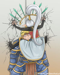 Rule 34 | 1boy, 1girl, absurdres, against wall, armor, blonde hair, bridal gauntlets, cicada block (meme), commentary, crack, cracked wall, eldar, english commentary, full armor, high ponytail, highres, idiot of the east, laurel crown, long hair, long skirt, meme, pointy ears, primarch, roboute guilliman, shaded face, skirt, sweatdrop, very long hair, warhammer 40k, watermark, web address, white hair, yvraine