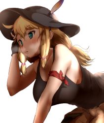 Rule 34 | 1girl, armband, bare shoulders, black gloves, black hat, black shirt, blonde hair, blouse, blue eyes, blush, breasts, character request, cheesetaraumai, commentary request, fingerless gloves, gloves, hair tie, hands in hair, hat, hat feather, highres, kemono friends, kemono friends 3, large breasts, ponytail, red armband, shirt, short hair, sleeveless, solo, sun hat, sweat, tank top, twintails