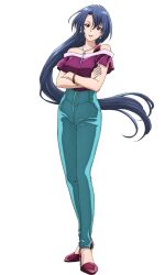 Rule 34 | 1girl, amane towa, amulet, bangle, bar necklace, blue hair, blue nails, blue pants, bracelet, breasts, casual, cold shoulder t-shirt, collarbone, crossed arms, dangle earrings, denim, earrings, full body, genesect1999, high-waist pants, high heels, highres, jeans, jewelry, long hair, looking at viewer, multicolored hair, nail polish, necklace, pants, parted hair, parted lips, pink trim, ponytail, pumps, purple shirt, shangri-la frontier, shirt, shoes, short sleeves, skinny jeans, smile, solo, standing, streaked hair, t-shirt, transparent background, very long hair