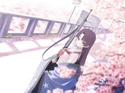 Rule 34 | 1girl, absurdres, artist request, blue archive, blunt bangs, blush, center-flap bangs, cherry blossoms, cherry tree, day, dutch angle, eyeliner, eyeshadow, fence, flower, game cg, gun, hair flower, hair ornament, halo, haori, highres, hime cut, holding, holding weapon, japanese clothes, long hair, looking to the side, makeup, neckerchief, non-web source, official art, outdoors, parted bangs, pink flower, purple hair, purple halo, red eyeliner, red eyeshadow, red neckerchief, rifle, road, road sign, sailor collar, shirt overhang, sidelocks, sign, solo, standing, street, very long hair, weapon, white sailor collar, yukari (blue archive)