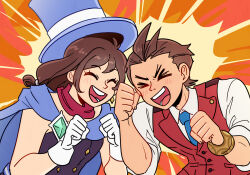 Rule 34 | &gt; &lt;, 1boy, 1girl, :d, ace attorney, ahoge, apollo justice, blue cape, blue headwear, blue necktie, blush, bracelet, brother and sister, brown hair, buttons, cape, clenched hands, closed eyes, collared shirt, earrings, gem, gloves, green gemstone, hands up, hat, jewelry, lapel pin, lapels, long hair, low-tied long hair, medium hair, ministarfruit, necktie, open mouth, orange background, pocket, red scarf, red vest, scarf, shirt, short hair, siblings, sidelocks, single earring, single hair ring, sleeves rolled up, smile, strapless, strapless shirt, teeth, tongue, top hat, trucy wright, upper body, v-shaped eyebrows, vest, white gloves, white shirt