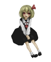 Rule 34 | 1girl, blonde hair, blouse, bobby socks, child, embodiment of scarlet devil, fangs, female focus, full body, heavyweather, high heels, highres, mary janes, open mouth, red eyes, rumia, shirt, shoes, simple background, sitting, skirt, socks, solo, touhou, v arms, vest, white socks