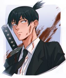 Rule 34 | 1boy, adam&#039;s apple, black hair, black jacket, blood, blood on clothes, blood on face, blood splatter, blue eyes, chainsaw man, chalseu, closed mouth, collared shirt, eyebrows, eyelashes, formal, hair between eyes, hayakawa aki, highres, jacket, lips, looking to the side, medium hair, necktie, pale skin, piercing, ponytail, shirt, solo, suit, sword, weapon, weapon on back, white shirt