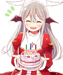 Rule 34 | 1girl, absurdres, bat wings, birthday cake, blush, breasts, brown wings, cake, candle, commentary request, cowboy shot, cross, cross necklace, doridori, dress, food, grey hair, hair between eyes, head wings, high priest (ragnarok online), highres, holding, holding cake, holding food, jewelry, juliet sleeves, long bangs, long hair, long sleeves, necklace, notice lines, open mouth, puffy sleeves, ragnarok online, red dress, sash, simple background, small breasts, smile, solo, two-tone dress, white background, white dress, white sash, white wings, wings