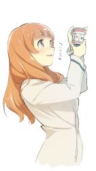 Rule 34 | 1girl, :d, check copyright, copyright request, from side, hands up, heart, highres, holding, jacket, long hair, long sleeves, nonco, open mouth, orange hair, original, purple eyes, simple background, smile, solo, upper body, white background, white jacket