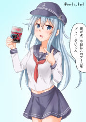 Rule 34 | 1girl, anchor symbol, anti (untea9), aqua background, atari, blue eyes, blue sailor collar, blue skirt, box, commentary request, cowboy shot, e.t., elliot (et), et, flat cap, gradient background, hat, hibiki (kancolle), highres, kantai collection, long hair, looking at viewer, neckerchief, pleated skirt, pointing, red neckerchief, sailor collar, school uniform, serafuku, silver hair, skirt, solo, standing, translation request, twitter username