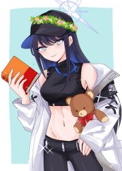 Rule 34 | 1girl, absurdres, bare shoulders, baseball cap, belt, black belt, black hat, black pants, black shirt, blue archive, blue background, blue hair, book, border, breasts, coat, commentary request, cowboy shot, crop top, grey eyes, hand up, hat, head wreath, highres, holding, holding book, holding stuffed toy, large breasts, leggings, long hair, looking at viewer, midriff, mizutamari (lbsbdpsp), navel, off shoulder, open clothes, open coat, outside border, pants, saori (blue archive), shirt, sleeveless, sleeveless shirt, smile, solo, standing, stomach, stuffed animal, stuffed toy, teddy bear, white border, white coat