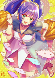 Rule 34 | 1girl, blue hair, breasts, choker, choujikuu yousai macross, cleavage, collarbone, earrings, fish, from above, green eyes, hair behind ear, high heels, holding, holding pom poms, jewelry, looking at viewer, lynn minmay, macross, official alternate costume, open mouth, pink choker, pink footwear, pom pom (cheerleading), pom poms, smile, solo, twintails, uta macross sumaho deculture, waraimasuka