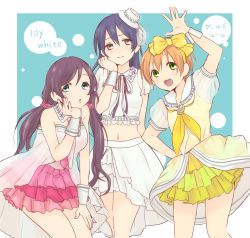 Rule 34 | 3girls, arm up, bare shoulders, blue hair, blush, closed mouth, commentary request, cowboy shot, frilled skirt, frills, green eyes, hair ornament, hand on own cheek, hand on own face, hand on own thigh, hat, highres, hoshizora rin, lily white (love live!), long hair, looking at viewer, love live!, love live! school idol project, low twintails, multiple girls, navel, noujuu serena, open mouth, orange hair, purple hair, short hair, short sleeves, skirt, smile, sonoda umi, tojo nozomi, twintails, yellow eyes