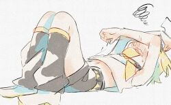Rule 34 | 1girl, arms on head, bare arms, bare shoulders, black leg warmers, black shorts, blonde hair, blush, bow, covering face, dousanmai, faux traditional media, film grain, flat chest, hair bow, headset, hot, kagamine rin, leg warmers, lying, midriff, navel, neckerchief, on back, open mouth, sailor collar, shirt, shorts, sketch, sleeveless, sleeveless shirt, solo, squiggle, sweat, vocaloid, wavy mouth, white bow, white footwear, yellow neckerchief