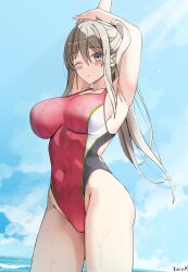 Rule 34 | 1girl, arm behind head, armpits, arms up, bare arms, bare legs, blue eyes, blush, breasts, brown hair, closed mouth, collarbone, commission, competition swimsuit, covered navel, day, hair between eyes, highres, horizon, keenh, long hair, looking at viewer, medium breasts, ocean, one-piece swimsuit, one eye closed, original, outdoors, ponytail, red one-piece swimsuit, sidelocks, solo, standing, swimsuit, wet