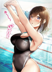 Rule 34 | 1girl, arms up, bare arms, bare shoulders, black one-piece swimsuit, blue eyes, blush, breasts, brown hair, character name, cleavage, commentary request, competition swimsuit, covered navel, hawawa-chan (shiro kuma shake), highleg, highleg swimsuit, highres, large breasts, looking at viewer, medium hair, one-piece swimsuit, original, parted lips, pool, shiro kuma shake, solo, stretching, swimsuit