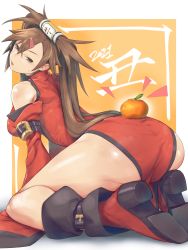 Rule 34 | 1girl, ankle boots, bare shoulders, boots, breasts, brown eyes, brown hair, china dress, chinese clothes, commentary request, dress, food, fruit, guilty gear, hair ornament, hairclip, highres, kuma (jk0073), kuradoberi jam, looking at viewer, looking back, mandarin orange, medium breasts, open mouth, red dress, red footwear, shiny skin, sitting, solo, sweat, sweatdrop, thighhighs, wide sleeves