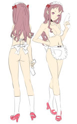 Rule 34 | 1girl, apron, ass, bikini, bikini top only, bow, breasts, brown hair, cleavage, from behind, gun, hair bow, halterneck, hand on own hip, high heels, hip focus, long hair, maid, maid apron, maid headdress, naked apron, navel, nishieda, no panties, original, red eyes, shoes, simple background, smile, socks, swimsuit, waist apron, weapon