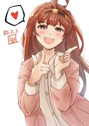 Rule 34 | 1girl, ahoge, alternate hairstyle, artist logo, black eyes, brown hair, coat, commentary request, dated, hair down, heart, highres, kantai collection, kongou (kancolle), ld (luna dial398), long hair, looking at viewer, official alternate costume, one-hour drawing challenge, open mouth, pink coat, pointing, simple background, smile, solo, spoken heart, teeth, upper teeth only, white background
