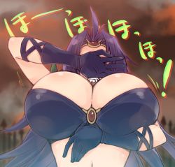 Rule 34 | 10s, 1girl, 2c=galore, bad id, bad twitter id, breasts, bursting breasts, chromatic aberration, circlet, cleavage, covering own eyes, faceless, granblue fantasy, hair intakes, huge breasts, jewelry, laughing, long hair, naga the serpent, ojou-sama pose, purple eyes, purple hair, slayers, solo, upper body