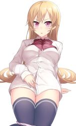 Rule 34 | 10s, 1girl, :o, absurdres, arm support, black thighhighs, blonde hair, blush, bow, bowtie, breasts, collared shirt, from below, gluteal fold, highres, ichijou (kr neru0), leaning back, long hair, long sleeves, looking at viewer, looking down, medium breasts, naked shirt, nakiri erina, panties, panty pull, parted lips, pink panties, purple eyes, red bow, red bowtie, shirt, shokugeki no souma, simple background, solo, striped bow, striped bowtie, striped clothes, striped neckwear, thigh gap, thighhighs, underwear, v-shaped eyebrows, very long hair, white background, white shirt, wing collar