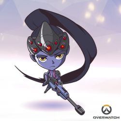Rule 34 | 1girl, artist request, chibi, colored skin, frown, full body, gun, head-mounted display, long hair, looking at viewer, lowres, mask, mask on head, official art, overwatch, overwatch 1, ponytail, purple hair, purple skin, rifle, sniper rifle, solo, very long hair, weapon, widowmaker (overwatch), yellow eyes
