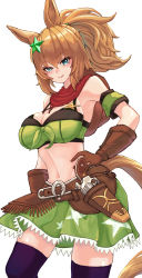 Rule 34 | 1girl, animal ears, armband, bandana, bandeau, bare shoulders, belt, bikini, bikini under clothes, blue eyes, breasts, brown belt, brown gloves, brown hair, cleavage, commentary request, cowboy shot, detached sleeves, gloves, green armband, green skirt, hair ornament, hand on own hip, hat on back, highres, horse ears, large breasts, long hair, looking at viewer, midriff, miniskirt, mojao, navel, ponytail, purple thighhighs, short sleeves, simple background, skirt, skirt set, smile, solo, standing, star (symbol), star hair ornament, star print, stomach, swimsuit, taiki shuttle (umamusume), thighhighs, thighs, umamusume, white background, zettai ryouiki