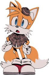 Rule 34 | 1boy, animal ears, animal nose, blue eyes, body fur, brown capelet, brown hat, capelet, child, digimin, fedora, fox boy, fox ears, fox tail, full body, furry, furry male, gloves, hands on own hips, hat, looking at viewer, male focus, mini hat, multiple tails, non-web source, official art, open mouth, plaid capelet, raised eyebrows, red footwear, shoes, simple background, socks, solo, sonic (series), standing, sweat, tail, tails (sonic), the murder of sonic the hedgehog, transparent background, two-tone fur, two tails, white fur, white gloves, white socks, yellow fur