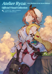 Rule 34 | 1girl, atelier (series), atelier ryza, atelier ryza 1, boots, breasts, brown eyes, brown hair, bucket, cleavage, cover, cover page, day, detached sleeves, from side, gloves, hair ornament, hairclip, hat, highres, hood, hooded vest, hoodie, large breasts, leaf, official art, open clothes, open vest, outdoors, reisalin stout, short hair, short shorts, shorts, single glove, skindentation, smile, solo, thigh boots, thighhighs, toridamono, vest