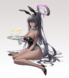 Rule 34 | 1girl, absurdres, animal ears, bare arms, between legs, black footwear, black hair, black leotard, blue archive, bow, bowtie, breasts, commentary request, cup, curvy, dark-skinned female, dark skin, drinking glass, fake animal ears, fishnet pantyhose, fishnets, full body, hair between eyes, hand between legs, highleg, highleg leotard, highres, holding, holding tray, karin (blue archive), karin (bunny) (blue archive), large breasts, leotard, long hair, looking at viewer, number tattoo, pantyhose, parted lips, playboy bunny, ponytail, rabbit ears, rabbit tail, shoulder tattoo, simple background, sitting, solo, strapless, strapless leotard, tail, tattoo, traditional bowtie, tray, very long hair, wariza, wide hips, yellow eyes, yo owl