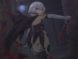 Rule 34 | 1girl, ass, bandaged arm, bandages, black coat, black legwear, black panties, blood, coat, fate/apocrypha, fate (series), from behind, grey hair, hair between eyes, highres, hikari niji, holding, holding knife, holding weapon, jack the ripper (fate/apocrypha), knife, looking back, mouth hold, outdoors, panties, scar, scar on face, short hair, solo, underwear, weapon, yellow eyes
