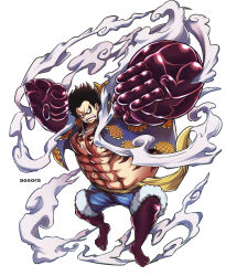 Rule 34 | 1boy, alternate form, aosora2823, artist name, black hair, clenched hand, commentary, facial scar, floating hair, full body, gear fourth, gear fourth: boundman, hat, highres, male focus, monkey d. luffy, one piece, open mouth, scar, scar on cheek, scar on chest, scar on face, short hair, simple background, solo, straw hat, teeth, topless male, unworn hat, unworn headwear, white background