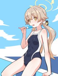 Rule 34 | 1girl, bare arms, bare shoulders, black one-piece swimsuit, blue archive, blush, breasts, brown hair, cloud, competition swimsuit, covered navel, feet out of frame, food, groin, halo, hifumi (blue archive), holding, holding food, long hair, looking at viewer, low twintails, one-piece swimsuit, open mouth, popsicle, sitting, small breasts, solo, special cat, swimsuit, twintails, yellow eyes, yellow halo
