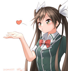 Rule 34 | 1girl, black hair, blowing kiss, bow, bowtie, brown eyes, green shirt, heart, kantai collection, long hair, military uniform, one-hour drawing challenge, ray.s, red bow, red bowtie, shirt, simple background, solo, tone (kancolle), tone kai ni (kancolle), uniform, upper body, white background