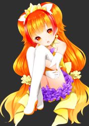 Rule 34 | 1girl, amanogawa kirara, bad id, bad pixiv id, bare shoulders, boots, breasts, brown hair, choker, cure twinkle, earrings, gloves, go! princess precure, highres, jewelry, knees up, legs together, long hair, looking at viewer, magical girl, multicolored hair, orange hair, petticoat, precure, purple eyes, smile, solo, star (symbol), star earrings, thigh boots, thighhighs, twintails, two-tone hair, white thighhighs