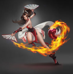 Rule 34 | 1girl, bare shoulders, breasts, brown eyes, brown hair, commentary request, dual wielding, fatal fury, fire, fmm cat, full body, gradient background, grey background, hand fan, highres, holding, japanese clothes, leg up, lips, long hair, looking at viewer, ninja, parted bangs, pelvic curtain, ponytail, revealing clothes, shiny skin, shiranui mai, simple background, sleeveless, smile, snk, solo, the king of fighters, thighs