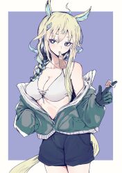 Rule 34 | 1girl, absurdres, ahoge, alternate costume, animal ears, blonde hair, blush, breasts, cleavage, collarbone, commentary request, gloves, hair between eyes, hair ornament, highres, horse ears, horse girl, horse tail, jacket, long hair, looking at viewer, medium breasts, multicolored hair, neo universe (umamusume), ramune, shorts, simple background, solo, sudachi-udon, tail, two-tone hair, umamusume