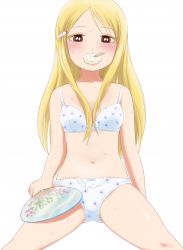 Rule 34 | 10s, 1girl, between breasts, blush, bow, bow bra, bow panties, bra, breasts, brown eyes, colored eyelashes, floral print, food, hair ornament, hairclip, hand fan, head tilt, hidaka koharu, high score girl, holding, holding fan, komatsu (sakanae), long hair, looking at viewer, mouth hold, navel, panties, popsicle, simple background, sitting, small breasts, solo, sweat, underwear, underwear only, white background, white bra, white panties