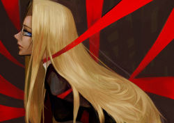 Rule 34 | 1girl, arms behind back, blonde hair, blue eyes, bound, bound arms, closed mouth, glasses, hellsing, integra hellsing, long hair, picapica, profile, solo, tied up (nonsexual), upper body