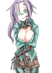 Rule 34 | 1girl, android, breasts, cleavage, female focus, green eyes, highres, mechanical parts, navel, null (null man), original, ponytail, purple hair, short shorts, shorts, simple background, solo, wavy mouth, white background