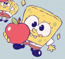 Rule 34 | 1boy, apple, black eyes, black footwear, closed mouth, commentary, english commentary, food, fruit, holding, holding food, holding fruit, koipo (fungikoi), looking at viewer, male focus, necktie, red necktie, solo, spongebob squarepants, spongebob squarepants (series)