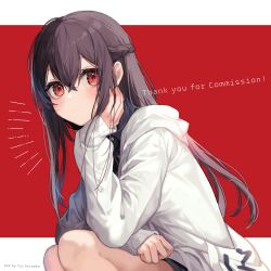 Rule 34 | 1girl, arisato yui, artist name, black hair, black shirt, blush, braid, closed mouth, collared shirt, commission, hand on own cheek, hand on own face, highres, hood, hood down, jacket, long hair, long sleeves, looking at viewer, open clothes, open jacket, original, red background, red eyes, shirt, skeb commission, solo, squatting, thank you, two-tone background, very long hair, white background, white jacket