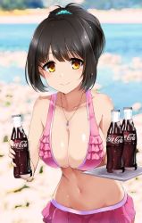 Rule 34 | bikini, black hair, blurry, blurry background, bottle, breasts, cleavage, coca-cola, cola, collarbone, commentary request, day, frilled swimsuit, frills, highres, holding, holding bottle, holding tray, idolmaster, idolmaster cinderella girls, jewelry, large breasts, light blush, long hair, looking at viewer, navel, necklace, outdoors, paopao, parody, pink bikini, ponytail, riverbank, sidelocks, smile, solo, stomach, swimsuit, swimsuit skirt, takafuji kako, tray, water, yellow eyes