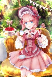 Rule 34 | 1girl, :d, absurdres, blue butterfly, blue eyes, bow, brown bow, bug, butterfly, chair, cup, dress, flower, food, frills, fruit, glint, hat, hat bow, hat flower, highres, insect, open mouth, outdoors, picture frame, pink bow, pink dress, pink hair, short hair, shouga (syouronron), smile, strawberry, string of flags, tea party, teacup, tiered tray, too many, too many frills