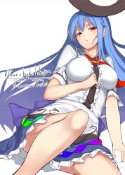 Rule 34 | 1girl, bad id, bad pixiv id, bare legs, blue hair, blush, breasts, character name, convenient leg, female focus, hinanawi tenshi, large breasts, long hair, looking at viewer, neropaso, red eyes, shirt, short sleeves, simple background, skirt, solo, touhou, upskirt, very long hair