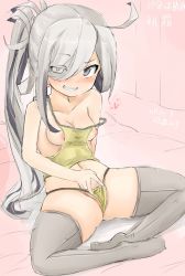 Rule 34 | 10s, 1girl, ahoge, asashimo (kancolle), breasts, earrings, grey eyes, grin, hair over one eye, heart, heart earrings, highres, jewelry, kantai collection, looking at viewer, nipples, okiraku nikku, ponytail, sharp teeth, silver hair, sitting, small breasts, smile, solo, spread legs, tagme, teeth, thighhighs