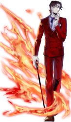 Rule 34 | 1boy, blue eyes, brown hair, cane, facial hair, fate/zero, fate (series), fire, formal, goatee, highres, plm233, solo, staff, suit, tohsaka tokiomi, transparent background